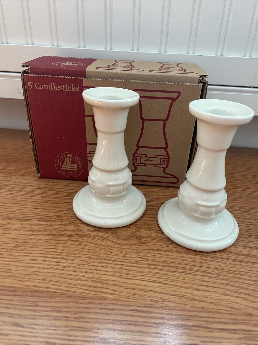 Longaberger Ivory Cream Pottery Ceramic Candlesticks - Pair with box